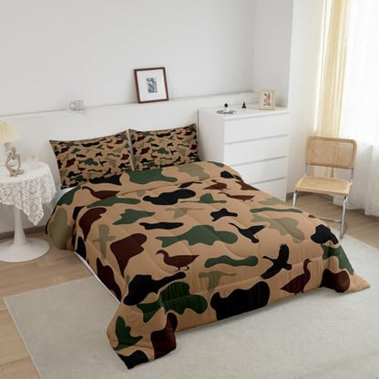 Feelyou Green Camo Comforter Set Queen Size Duck Hunter Bedding Set,Kids Girls Boys Adult Room Black Brown Camouflage Hunting Quilt Set Army Colorful Duvet Insert 1 Comforter and 2 Pillow