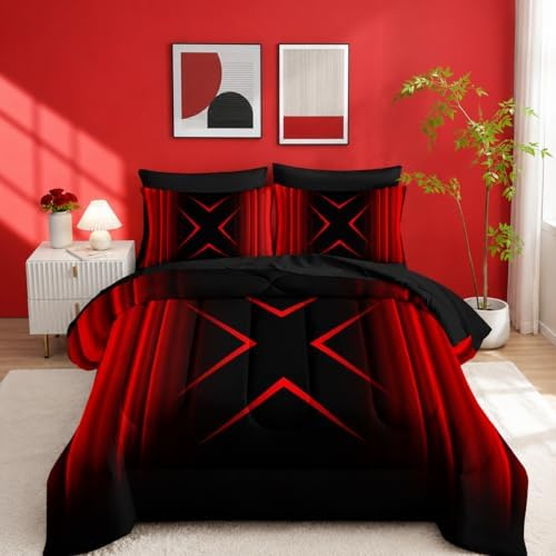 Nttopship Red and Black Geometric Comforter Set King Size 7Pieces,3D Abstract Mordern Printed Bedding Set for Adults,Geometric Mordern Decor All Seasons with Pillowcases,Flat, Fitted Sheet
