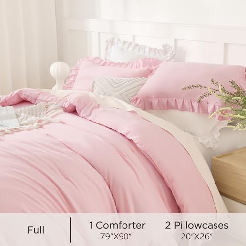 Andency Pink Comforter Set Full Size, 3 Pcs Solid Ruffle Vintage Bedding