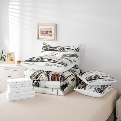 Feelyou Race Car Comforter Set with Sheets King Size Kids Speed Sports Car Manuscript 7 Pieces Bedding Set for Boys Girls Teens Racing Car Line Bed in a Bag Breathable Extreme Sports Bed Set