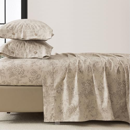 FADFAY Cal King Size Percale Cotton Sheets Set – 4-Piece Vintage Botanical Floral Bedding, Soft & Breathable, Deep Pocket Fitted Sheet, French Country Style