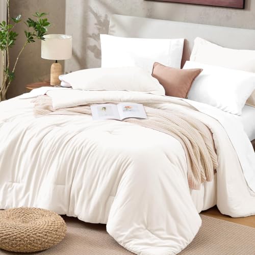 Sasttie Queen Comforter Set 7-Piece Ivory, Pre-Washed Bed in a Bag