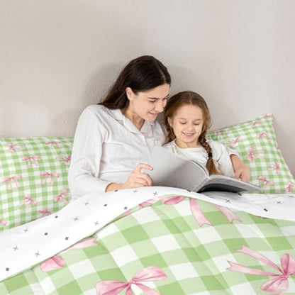 jejeloiu Bowknot Kids Comforter Set King Size Checkerboard Bedding Set Pink Bow Duvet Quilt for Kids Boys Girls Bedroom Plaid Decor Microfiber Ultra Soft Breathable