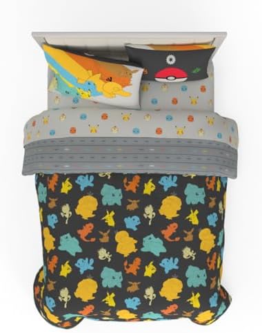 Pokemon Bedding Set, Full Size 7 Piece Set Kids Super Soft Cozy Reversible Comforter and Sheet Set with Sham, (100% Officially Licensed Product) by Franco