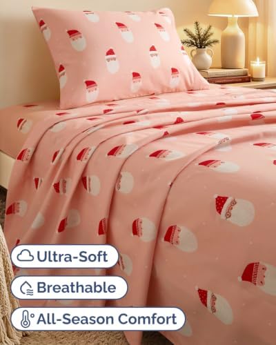 Christmas Sheet Set, Blush Santas, Holiday Xmas Bedding Set - Twin Size
