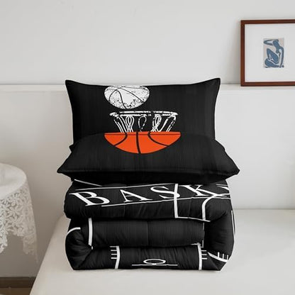 Erosebridal Boys Basketball Comforter Twin for Kids Teens Sports Theme Bedding Set, Black White Down Comforter Ball Gamer Bed Set, Cartoon Basketball Court Quilted Duvet (Black Reversible)