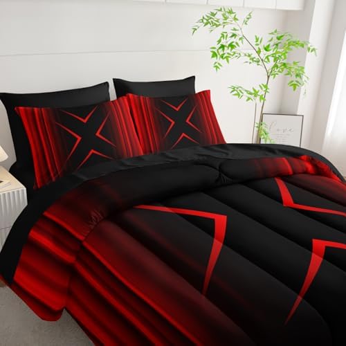 Nttopship Red and Black Geometric Comforter Set Twin Size 7Pieces,3D Abstract Mordern Printed Bedding Set for Adults,Geometric Mordern Decor All Seasons with Pillowcases,Flat, Fitted Sheet