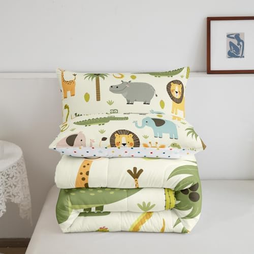 Feelyou Nursery Cute Wild Animals Bedding Set for Girls Boys Child Kids Cartoon Lion Giraffe Crocodile Comforter Decor Nature Wildlife Comforter Set Zoo Animal Duvet Set King Size Quilt Boys