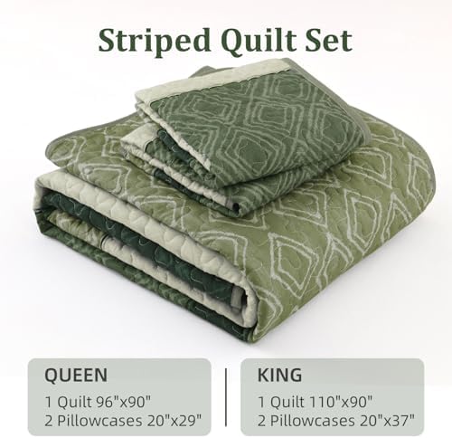 Cottolester Sage Green Quilt Set King,3 Pcs Summer Striped Bedspread Set