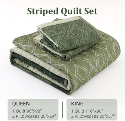 Cottolester Sage Green Quilt Set King,3 Pcs Summer Striped Bedspread Set