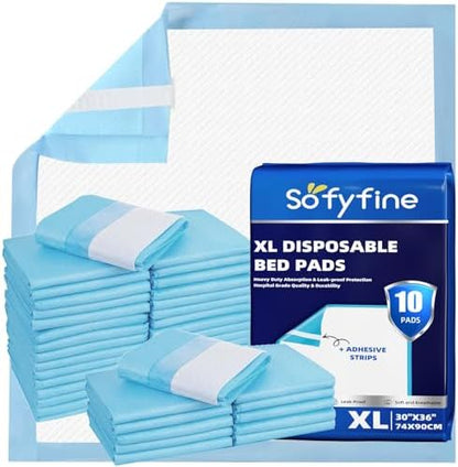 SOFYFINE Disposable Bed Pads with Adhesive Strip 30"x36"[10 Pads]