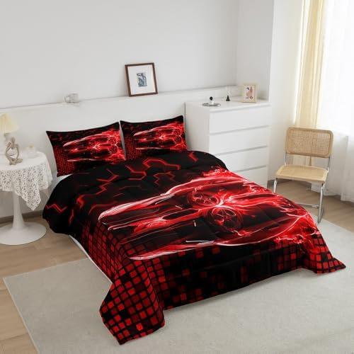 Feelyou Race Car Flame Comforter Set for Kids Boys Teens King Size Speed Sports Bedding Set Ultra Soft Honeycomb Duvet Quilt Cool Modern Grid Comforter Bedroom Decor Extreme Sports Duvet Quilt