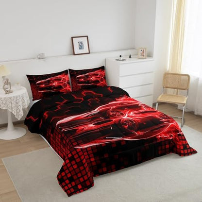 Feelyou Race Car Flame Comforter Set for Kids Boys Teens Toddler Size Speed Sports Bedding Set Ultra Soft Honeycomb Duvet Quilt Cool Modern Grid Comforter Bedroom Decor Extreme Sports Duvet Quilt