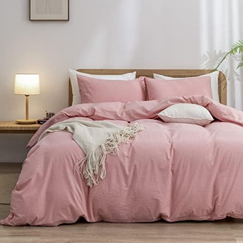 BESTOUCH Cotton Solid Duvet Cover Set Linen Feel Red Pink Queen