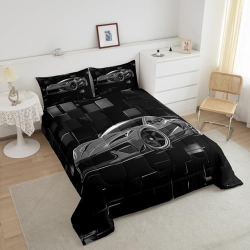Erosebridal Cool Car Bedding Set Twin Size Grey Racing Car Comforter Set 2 Pieces Modern Abstract Geometric Checkered Bedding Comforter Sets Speed Sports Car Down Comforter Teens Bedroom Decor