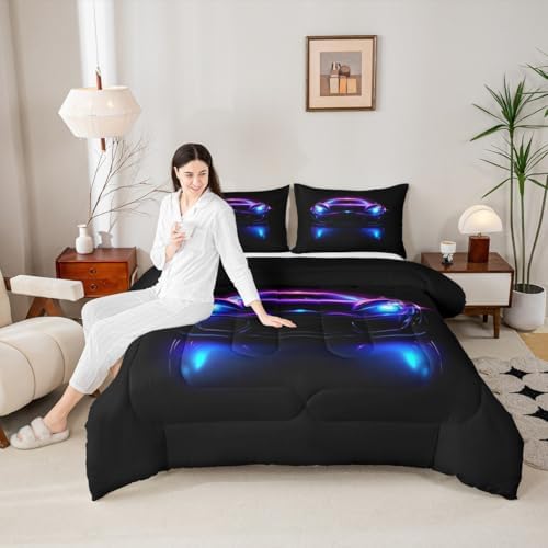 Erosebridal Neon Race Car Boy Queen Bedding Sets for Kids,Watercolor Cars Comforter Set for Child Room Decor,Retro Speed Racing Cars Comforter,Hot Pink Sports Racing Games Quilt,Purple Blue and Black