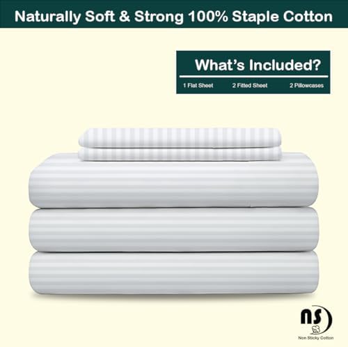 NON Sticky cotton Adjustable Split Queen Sheet Set for Sleep Number Beds, Premium 100% Long Staple Cotton Bedding, Two 30" X 80" Fitted Sheets Fits Up to 18" Deep Mattress, White Stripe