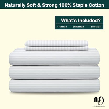 NON Sticky cotton Adjustable Split Queen Sheet Set for Sleep Number Beds, Premium 100% Long Staple Cotton Bedding, Two 30" X 80" Fitted Sheets Fits Up to 18" Deep Mattress, White Stripe
