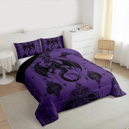 Purple Black Dragon Bedding Set Full Size,Vintage Boho Floral Print Comforter Set 3Pcs,Paisley Pattern Quilt Set for Kids Boys Girls Adult Room Decor Exotic Trippy Duvet Insert,2 Pillowcases