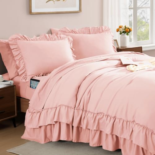 King Size Comforter Set Rosewater Ruffle 7 Pieces Farmhouse Bed in a Bag