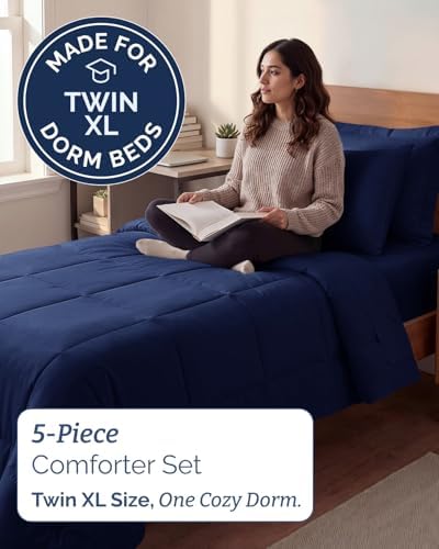 Twin XL Comforter Set - 5 Piece Bed in a Bag Twin XL Size Bed Set - Navy