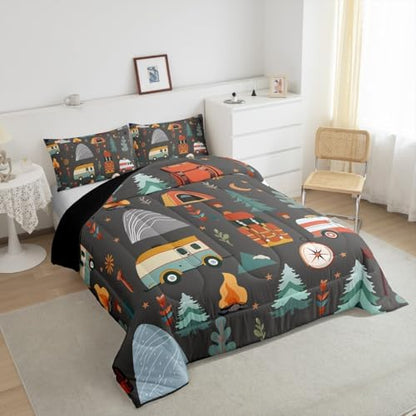Feelyou Happy Camping Comforter Set for Kids Boys Girls Toddler Size Travel Bag Tent Print Bedding Set Soft Outdoor Themed Duvet Quilt Camping Gifts Comforter Travel Trailers Duvet Quilt