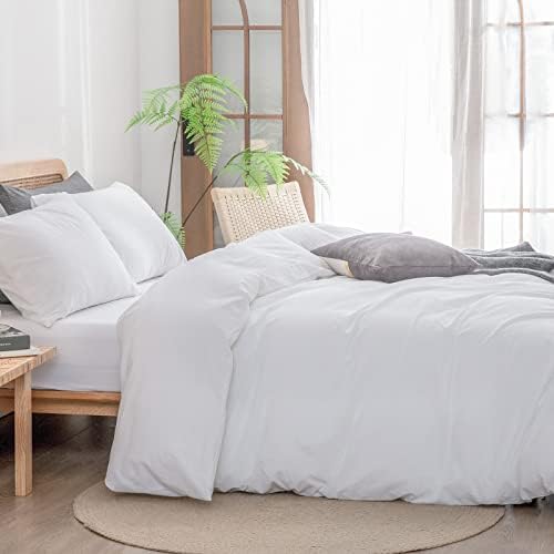 BESTOUCH Cotton Solid Duvet Cover Set Linen Feel Bright White Full