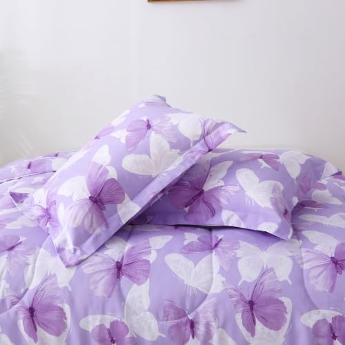 Mooreeke Purple Queen Size Comforter Sets, Lightweight Butterfly Printed Bedding for All Seasons, 3-Piece Vintage Bed in a Bag with Fluffy Quilted Reversible Comforter & 2 Pillow Shams