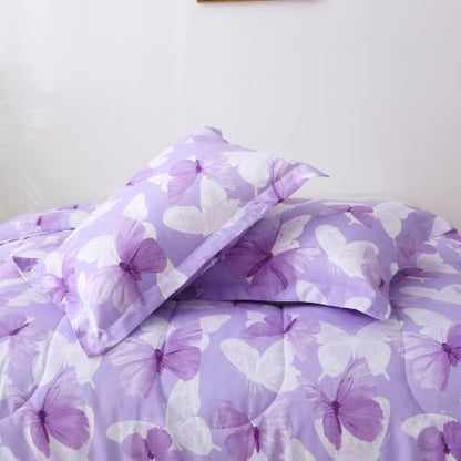 Mooreeke Purple Queen Size Comforter Sets, Lightweight Butterfly Printed Bedding for All Seasons, 3-Piece Vintage Bed in a Bag with Fluffy Quilted Reversible Comforter & 2 Pillow Shams