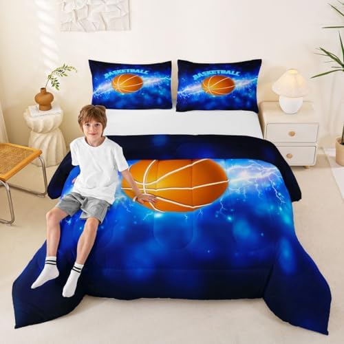 Glowing Basketball Comforter Set Twin Size 3D Flame and Lightning Basketball Bedding Set for Kids Boys Teens Bedroom Decor Ball Sports Games Quilted Duvet Cool Blue Duvet Insert,1 Pillowcase