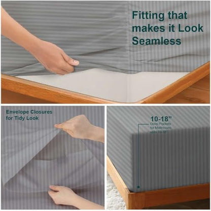 NON Sticky cotton Full 4 Piece Sheet Set, 100% Long Staple Cotton, Soft Cooling Hotel Luxury Bedding Sheets, Deep Pocket Fits 10" to 18" Mattress, 54" x 75", Light Grey Stripe