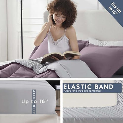 Nestl 9 Piece Full Comforter Set – Dusty Purple Reversible Bed in a Bag – Complete Full Size Bedding Set with Sheets, Set of 2 Cooling Pillows, Pillowcases and Shams