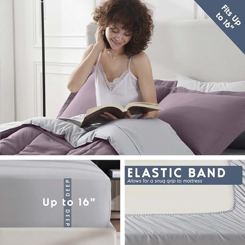 Nestl 9 Piece Queen Comforter Set – Dusty Purple Reversible Bed in a Bag – Complete Queen Size Bedding Set with Sheets, Set of 2 Cooling Pillows, Pillowcases and Shams