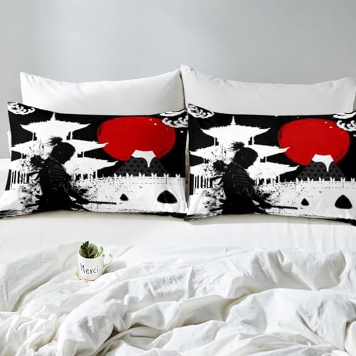 Feelyou Samurai Bedding Set King Size Kids Sunset Comforter Cover Set for Boys Girls Teens Red Sun Japanese Wave Home Decor Duvet Cover Japanese Ukiyoe Theme Bedspread Cover