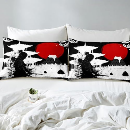 Feelyou Samurai Bedding Set King Size Kids Sunset Comforter Cover Set for Boys Girls Teens Red Sun Japanese Wave Home Decor Duvet Cover Japanese Ukiyoe Theme Bedspread Cover