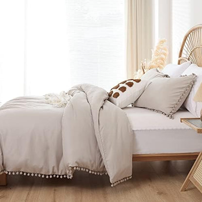 YIRDDEO King Size Comforter Set, Oatmeal Ball Pom Fringe Bedding Set 3 Pcs