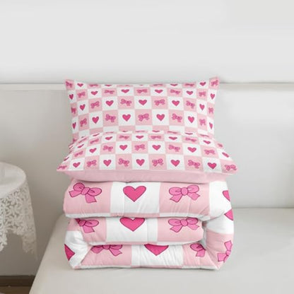 jejeloiu Girls Pink Bow Kids Comforter Set Full Size Bow Bedding Set Cute Bowknot Duvet Quilt for Kids Boys Girls Bedroom Decor Microfiber Ultra Soft Breathable