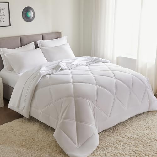 Joiedomi Queen Comforter Set with Sheets White, 7 Pieces Queen Bed Set with 1 Down Alternative Comforter, 1 Flat Sheet, 1 Fitted Sheet, 2 Pillowcases and 2 Pillow Shams, Bed in a Bag for All Seasons