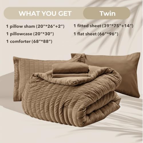 HYMOKEGE Brown Twin Comforter Set Seersucker 5 Pieces, All Season Luxury Bed in a Bag for Bedroom, Bedding Set with Comforter, Sheets, Pillowcase & Sham