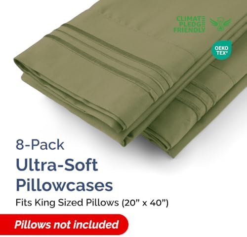 King Pillow Cases Set of 8 - Ultra Soft Pillowcase Covers - Sage Green