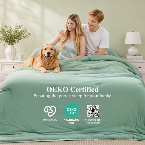 MUXHOMO Cooling Comforter Set King Size, Lightweight Summer Comforter for Hot Sleeper, Reversible Bedding with ICY Cooling Surface, Includes 1 Comforter (104"x90") and 2 Shams (20"x 36"), Sage Green