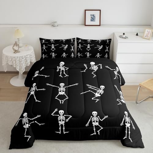 Erosebridal Sugar Skull Comforter Set King Size Skeleton Bones Bedding Set for Kids Boys Girls Teens Adult Halloween Horror Theme Down Comforter Gothic Spooky Duvet Sets with 2 Pillow Cases