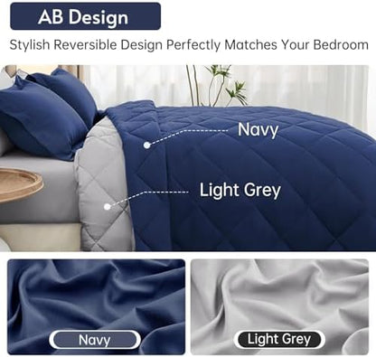 MUXHOMO 5 Pieces Twin Comforter Set, Reversible Bed in a Bag Twin Size, All Season Bedding Set with Comforter, Flat Sheet, Fitted Sheet, Pillowcases & Shams, Navy & Light Grey