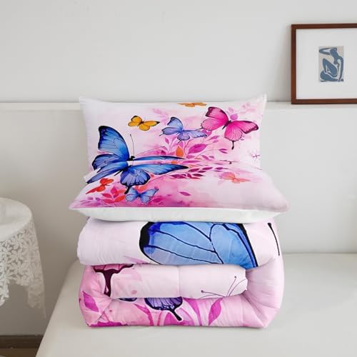 Blue Butterfly Comforter Set Twin for Girls Pink Tie-Dye Bedding Rustic Garden Theme Bedding Comforter Set Colorful Butterfly Print Duvet Insert Dream Themed Quilt for Boys Teen Kids Flowers Bedding