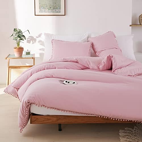 YIRDDEO King Size Comforter Set, Dust Pink Pom Fringe Bedding Set 3 Pieces