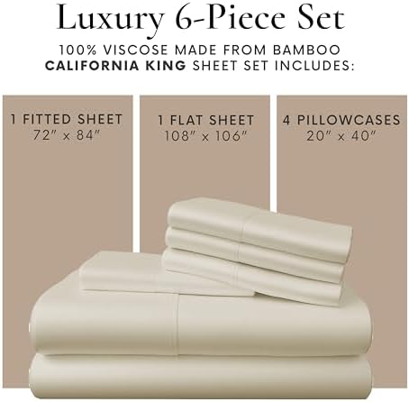 Bamboo Bay 6 Piece California King Size Sheet Set, 100% Viscose Made from Bamboo, Breathable, Ultra Soft Cooling Bed Sheets for Hot Sleepers, Beddings with Deep Pockets Fit 16" Mattress, Ivory