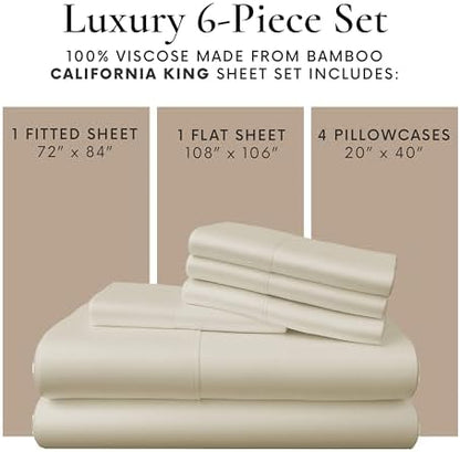 Bamboo Bay 6 Piece California King Size Sheet Set, 100% Viscose Made from Bamboo, Breathable, Ultra Soft Cooling Bed Sheets for Hot Sleepers, Beddings with Deep Pockets Fit 16" Mattress, Ivory
