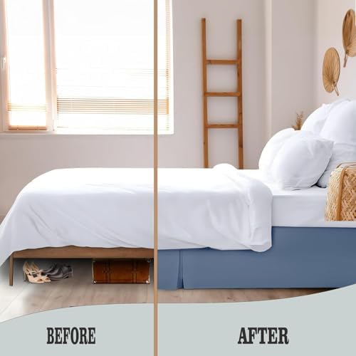 eBeddy Linens Split Corner Bed Skirt Queen 16 Inch Drop – 100% Microfiber, – Platform Style, Lake Blue Solid, 3-Sided Pleated, Tailored Fit, Hidden Storage, Hotel Luxury, Washable