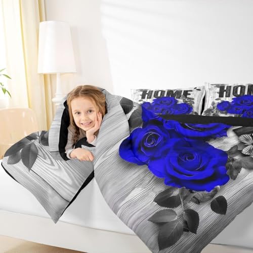Castle Fairy Blue Rose Twin Size Comforter Set,Valentine's Day Romantic Duvet Set Soft Bed Collection,Retro Farmhouse Board Bedding Comforter for Boys Girls Bedroom,2 Pcs