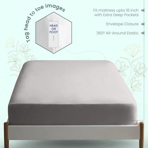 Feather & Stitch Fitted Sheet Only, 100% Cotton 300TC Lightweight Cooling & Breathable Percale Weave Fitted Sheet 16" Regular Elastic Deep Pocket Soft Bedding Mattress (Full, Grey)